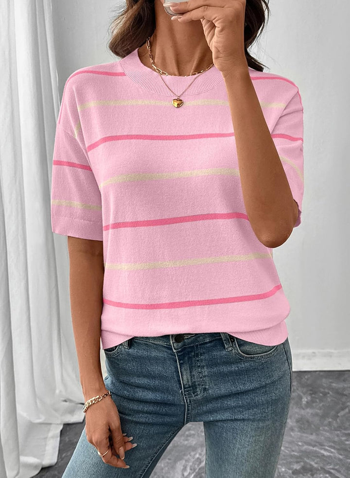 Sophia Crewneck Short Sleeve Knit Striped Tops